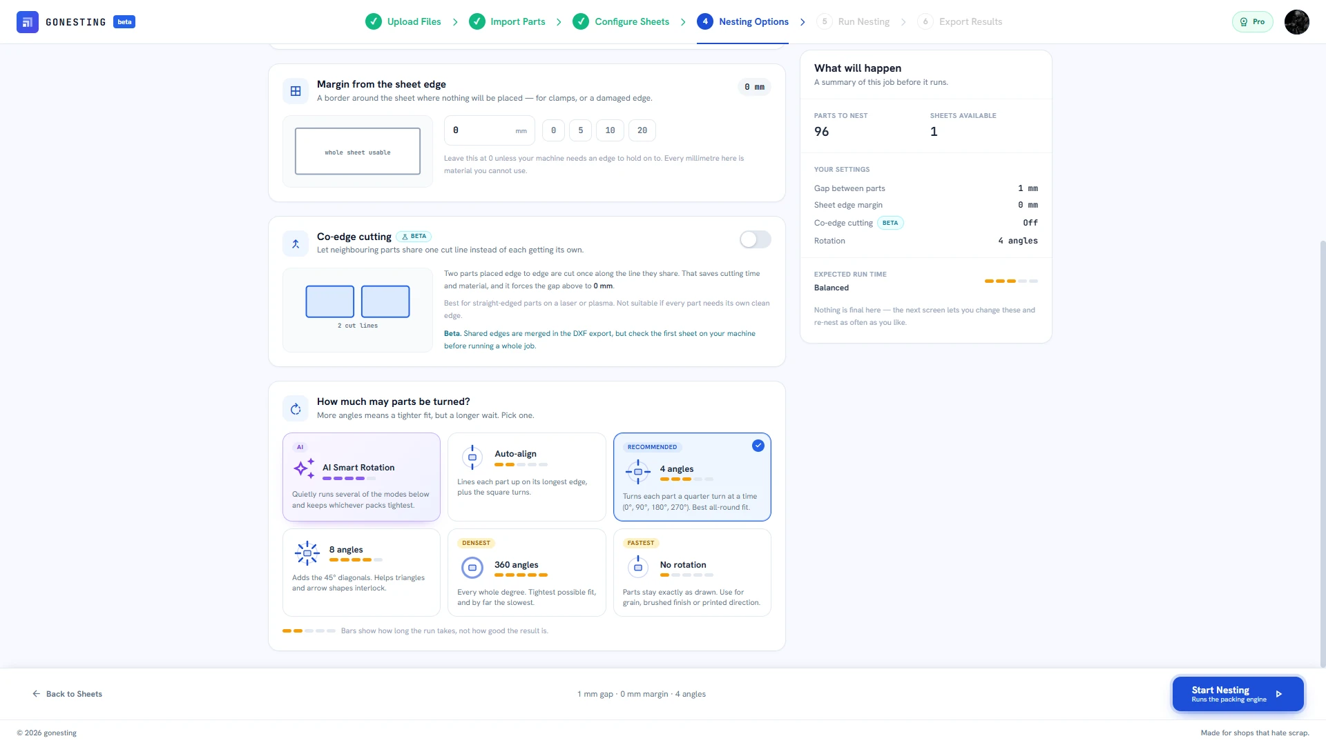 The Nesting Options screen scrolled down: How much may parts be turned, with AI Smart Rotation, Auto-align, 4 angles selected and marked Recommended, 8 angles, 360 angles and No rotation, and the Start Nesting button