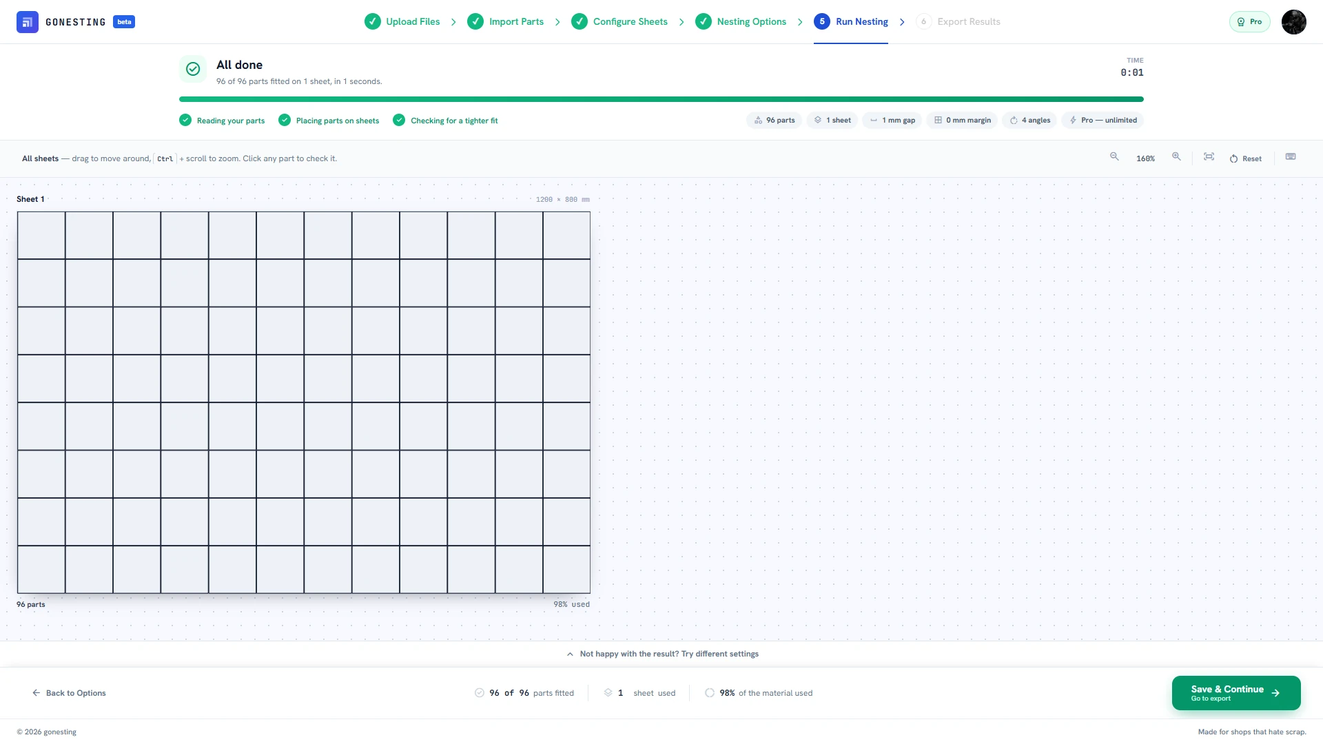The Run Nesting screen after the run: All done, 96 of 96 parts fitted on 1 sheet. The 1200 × 800 mm sheet is filled edge to edge with 12 columns and 8 rows of squares, 98% of the material used, with Save and Continue at the bottom right